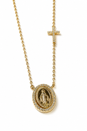 Colar em prata 925 com banho de ouro 18k cruz lateral nossa senhora das graças oval em Moissanite volta