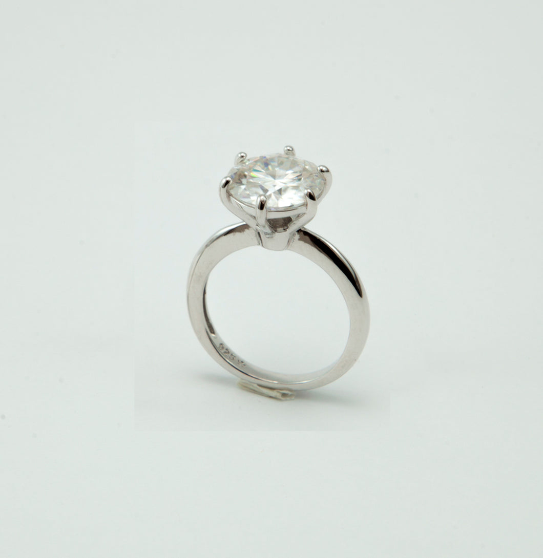 Anel solitário em prata com banho de ródio, Moissanite 6 garras, 11mm , 4,56cts