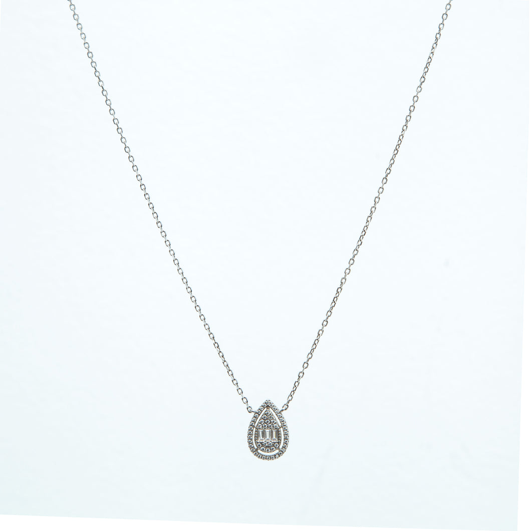 Colar prata 925 banho de rodio, pingente gota com zirconias