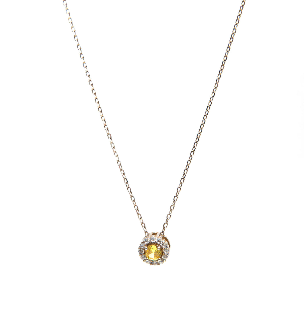 Colar em prata com banho de rodio, zirconias brancas e redonda yellow fancy