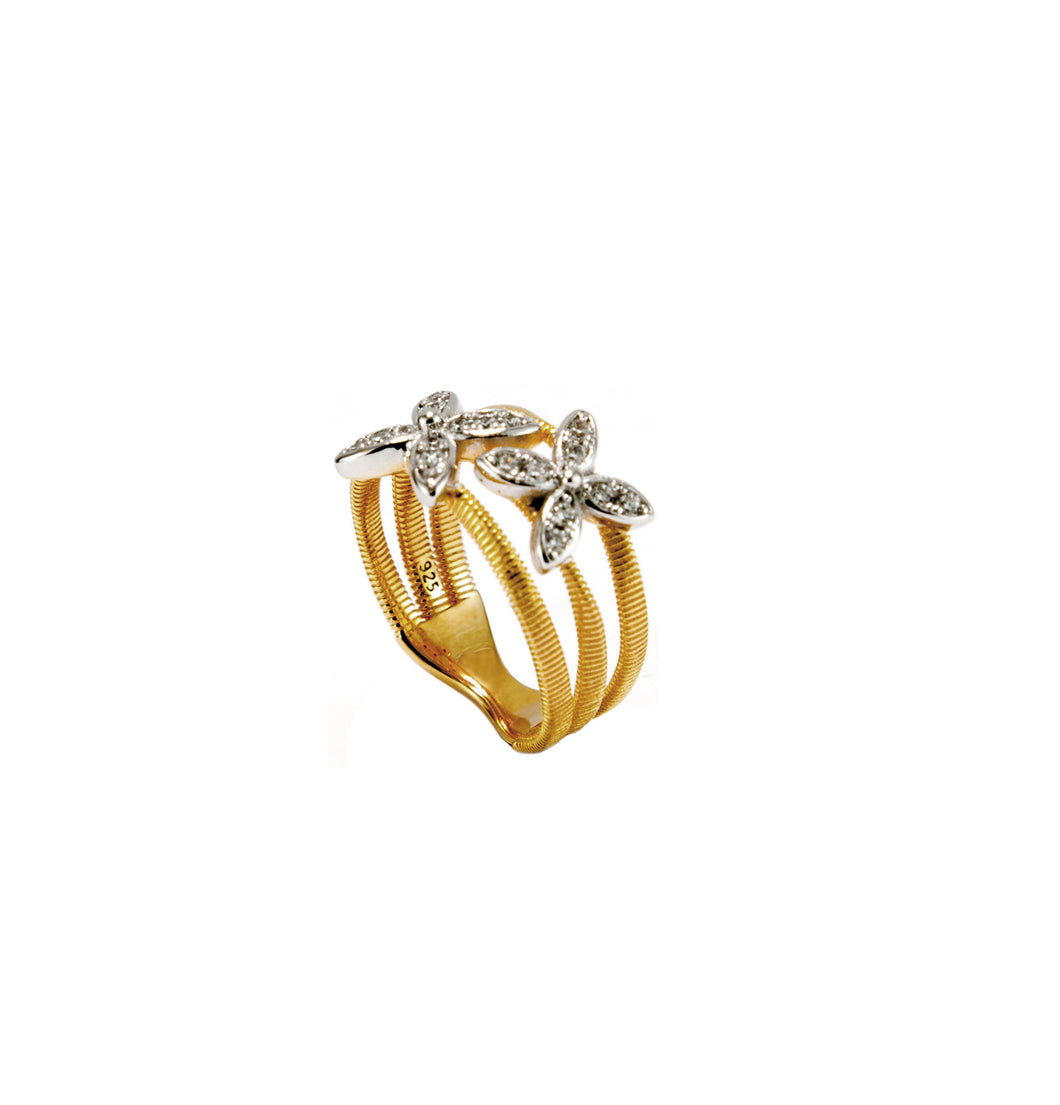 Anel em prata 925 banhado a ouro 18k com 2 flores de zirconias no banho de rodio