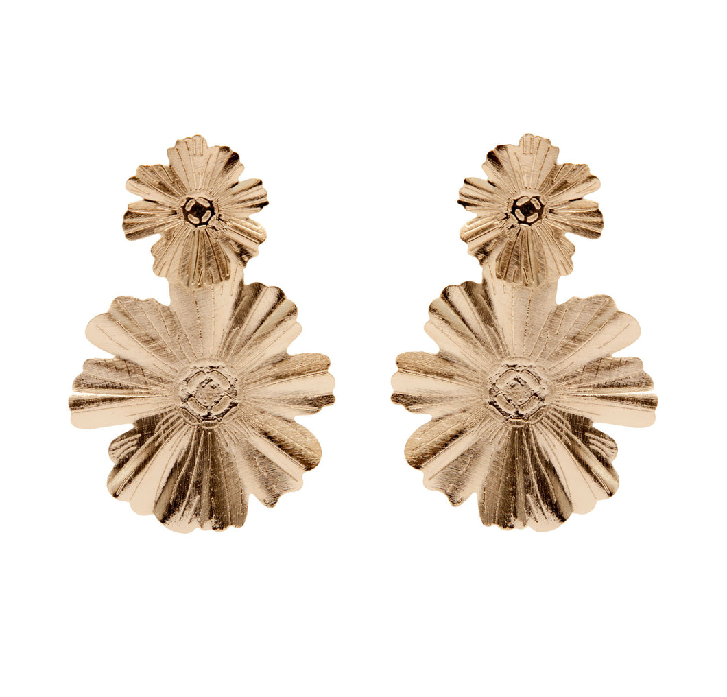 Brinco banhado a ouro 18k 2 flores fosca